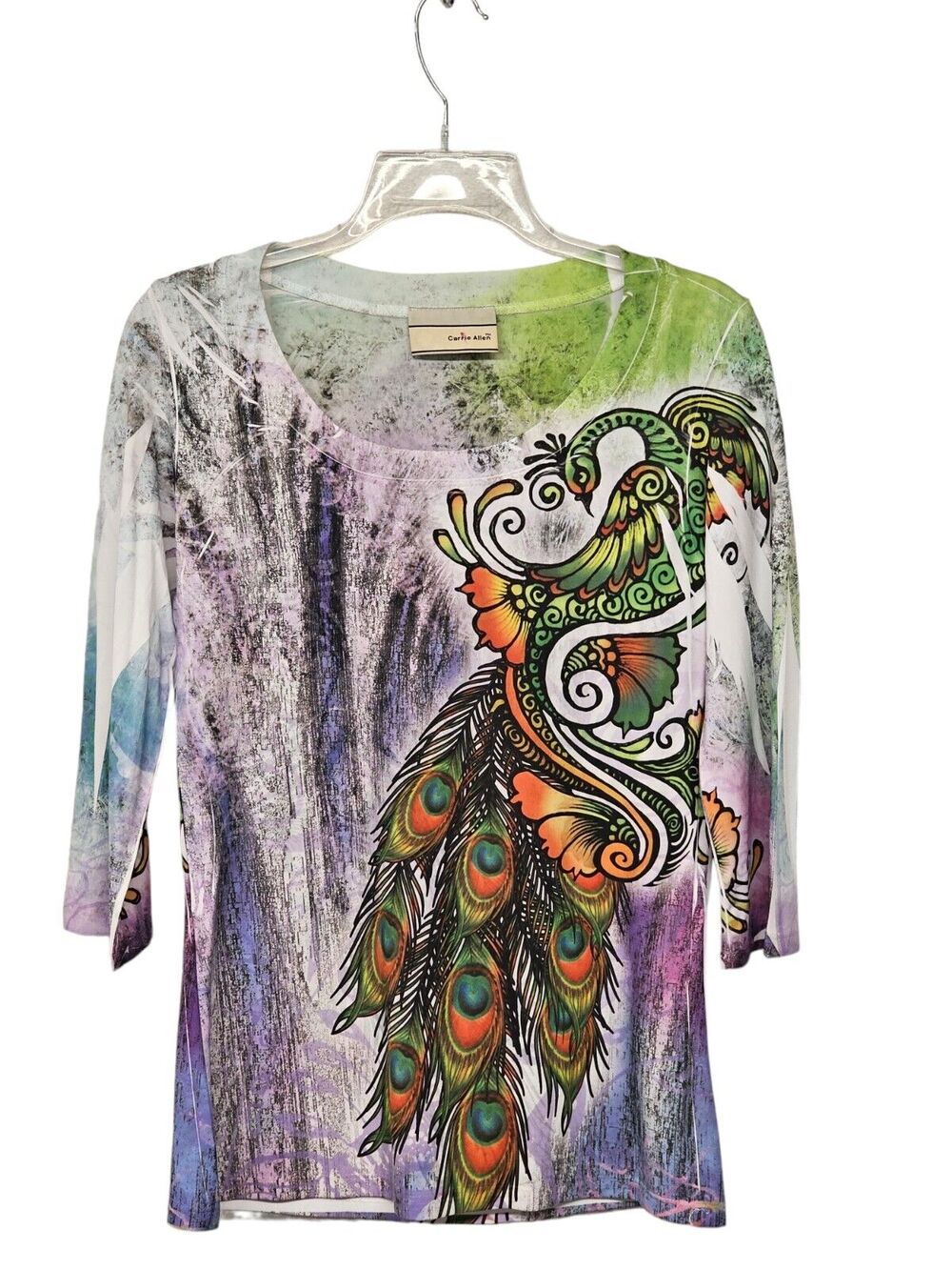 Carrie Allen Peacock Tee Blouse 3/4-Sleeve Size L Artsy Vibrant  Stretch